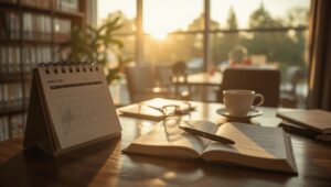 Schreibtisch mit Kalender, Gesetzbuch und Brille – §15a InsO Fristen