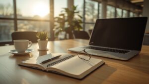Laptop und Notizbuch auf einem Schreibtisch – GmbH in der Krise Optionen
