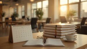 Schreibtisch mit Kalender, Ordnern und Brille – Sperrjahr GmbH-Liquidation