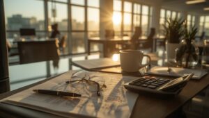 Taschenrechner und Unterlagen auf einem Schreibtisch – GmbH zahlungsunfähig